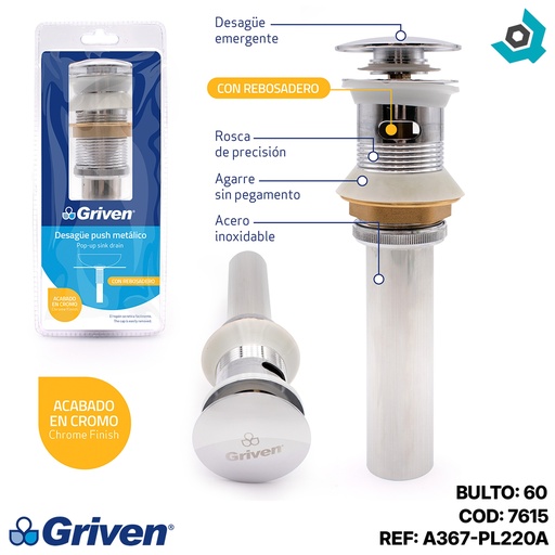 [7615] DESAGUE PARA LAVAMANOS 1 1/4" X 21CM PUSH GRANDE GRIVEN