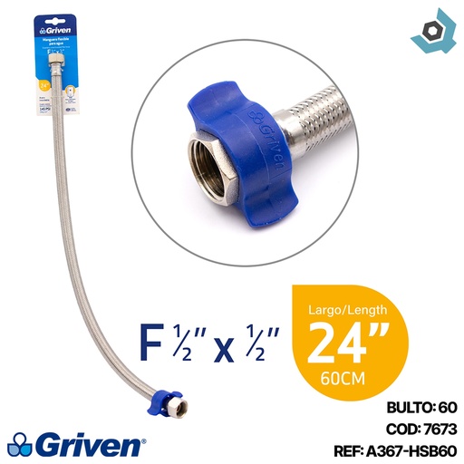 [7673] MANGUERA FLEXIBLE 60CM 1/2" X 1/2" PARA PLOMERIA GRIVEN