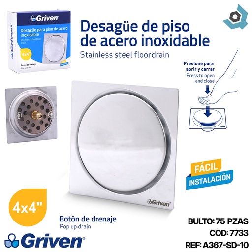 [7733] DESAGUE DE PISO 4" X 4" PUSH ACERO INOXIDABLE GRIVEN
