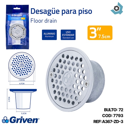 [7793] DESAGUE DE PISO 3" DE ALUMINIO GRIVEN