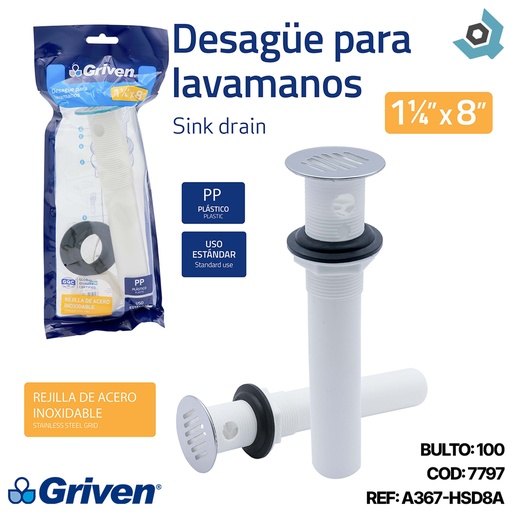 [7797] DESAGUE PARA LAVAMANOS 1 1/4" X 8" PVC GRIVEN