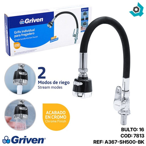 [7813] GRIFERIA PARA FREGADERO INDIVIDUAL FLEXIBLE NEGRA GRIVEN